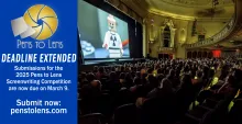 Pens to Lens Logo, Deadline Extended to March 9, People in a theatre watching a movie