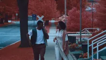 Two people walking down a sidewalk with red foliage
